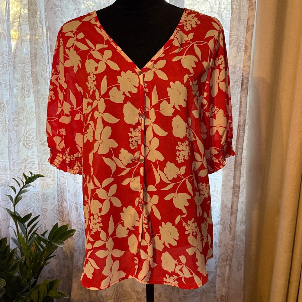 Beautiful “West K” Red Floral Women's Blouse. Size large, new never worn.